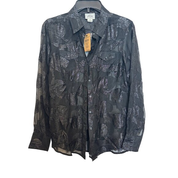 Ariat Womens Sheer Black Long Sleeve Button-Up Shirt With Metallic Pattern S/P - Picture 1 of 4
